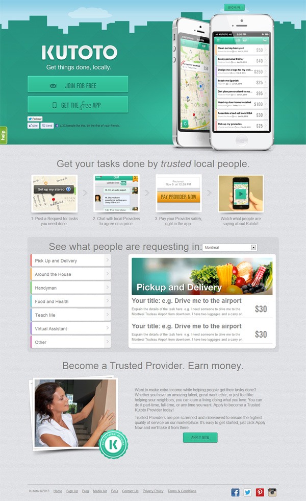 Example of mobile app website design: Kutoto