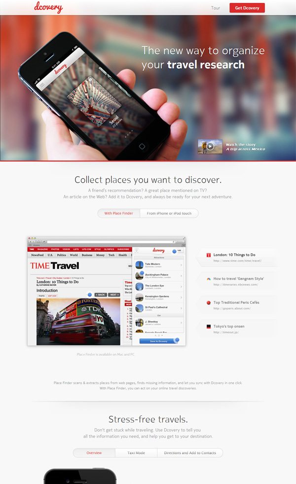 Example of mobile app website design: dcovery