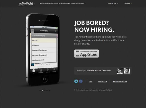 Example of mobile app website design: Authentic Jobs iPhone app