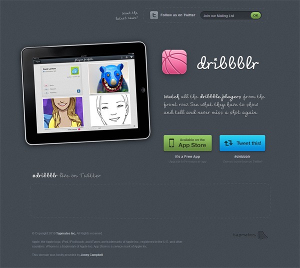 Example of mobile app website design: dribbblr