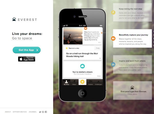 Example of mobile app website design: Everest