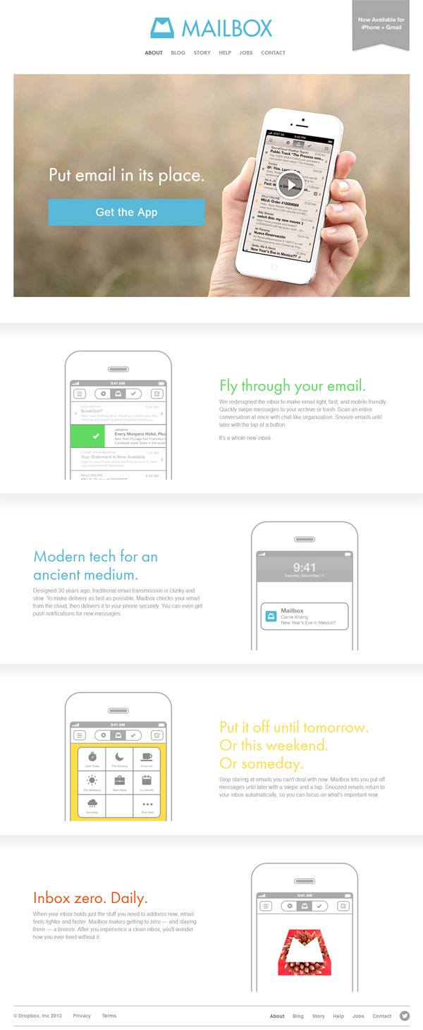 Example of mobile app website design: Mailbox