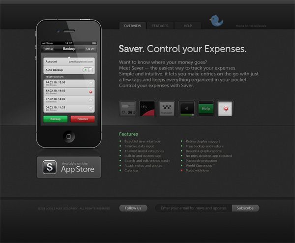 Example of mobile app website design: Saver