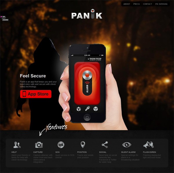 Example of mobile app website design: Panik