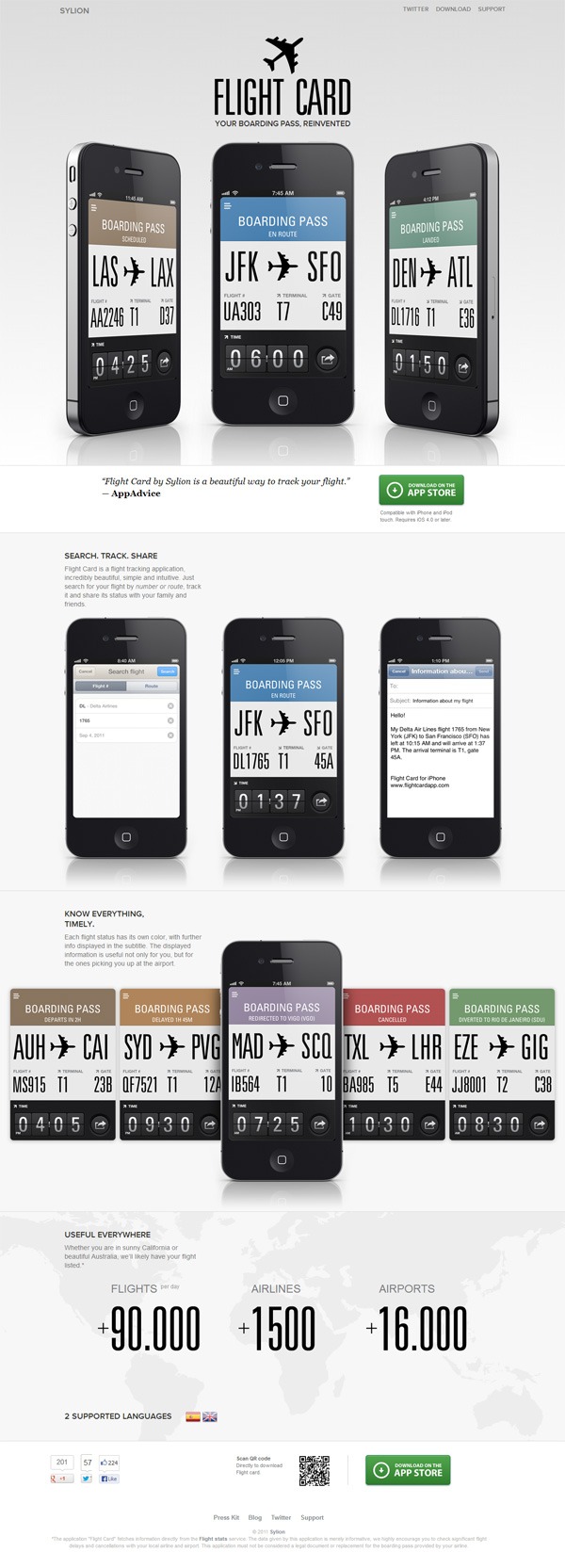 Example of mobile app website design: Flight Card