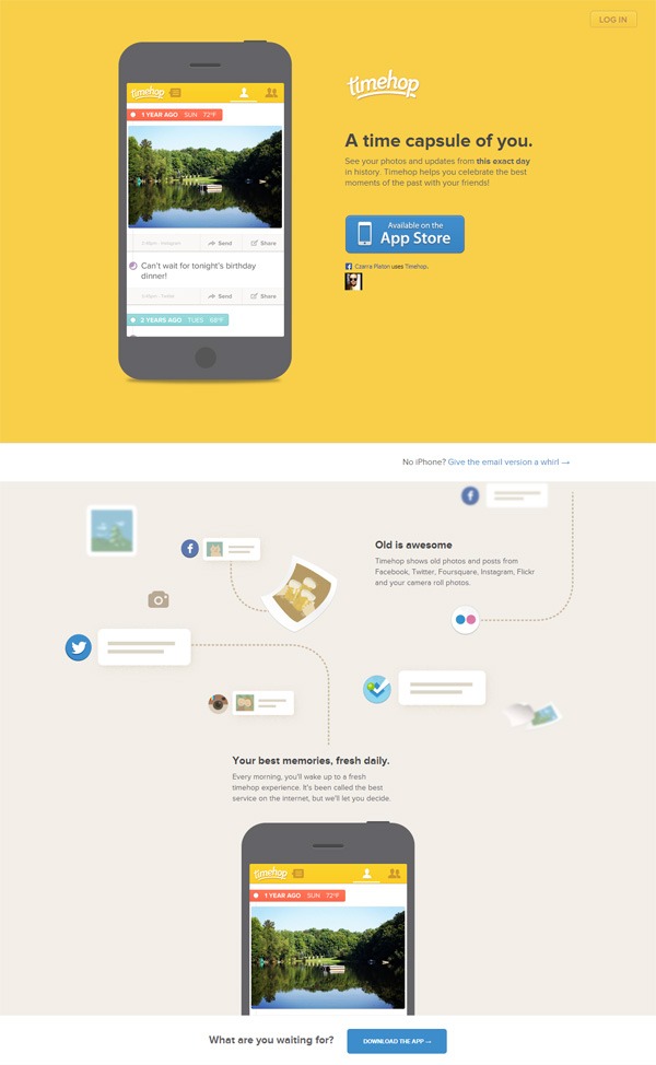 Example of mobile app website design: Timehop