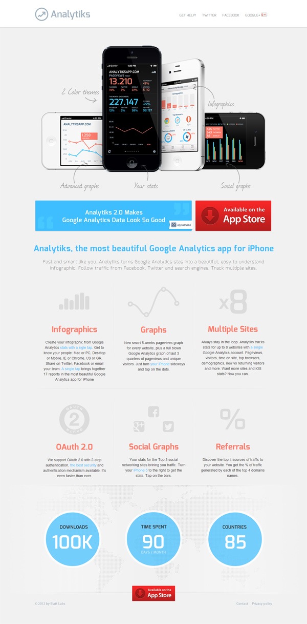 Example of mobile app website design: Analytiks