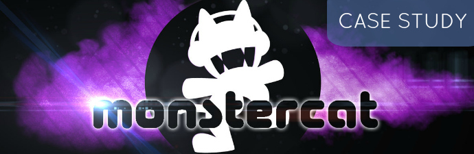 Monstercat logo with a stylized monster and music note combination against a circular black background with a purple and blue nebula design, flanked by lens flares, with the word 'Monstercat' below in a gradient font and 'CASE STUDY' in small letters to the right.