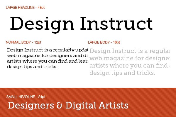 Typography layout example featuring different text sizes and styles, including a large headline 'Design Instruct' at 48pt, normal and large body text describing Design Instruct as a web magazine for designers, and a small headline 'Designers & Digital Artists' at 24pt.