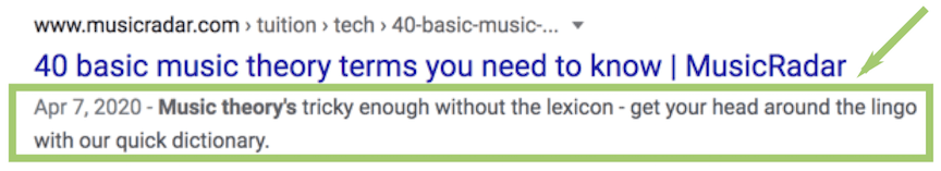 Meta description on Google SERP for music theory web page