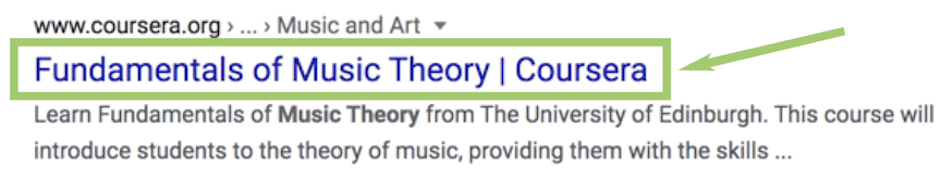 Title tag on Google SERP for music theory web page