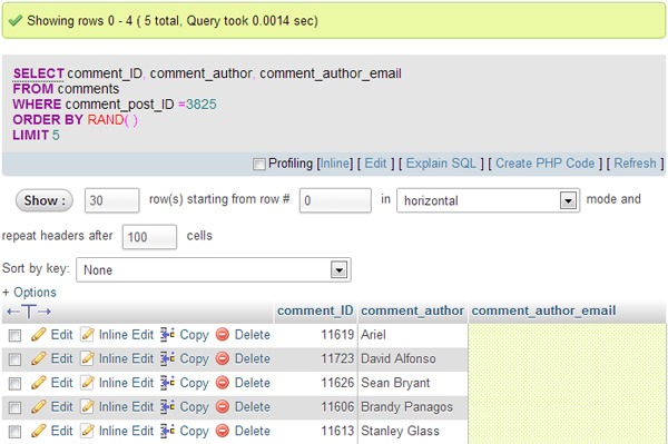 Screenshot of a database query result in a management interface showing a selection of comment IDs, authors, and their emails from a comments table, with options to edit, copy, or delete entries.