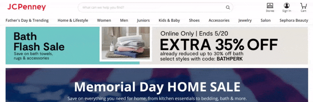 Screenshot of JCPenney website with promotional banners for Bath Flash Sale and Memorial Day Home Sale, including an extra 35% off online sale with code BATHPERK.