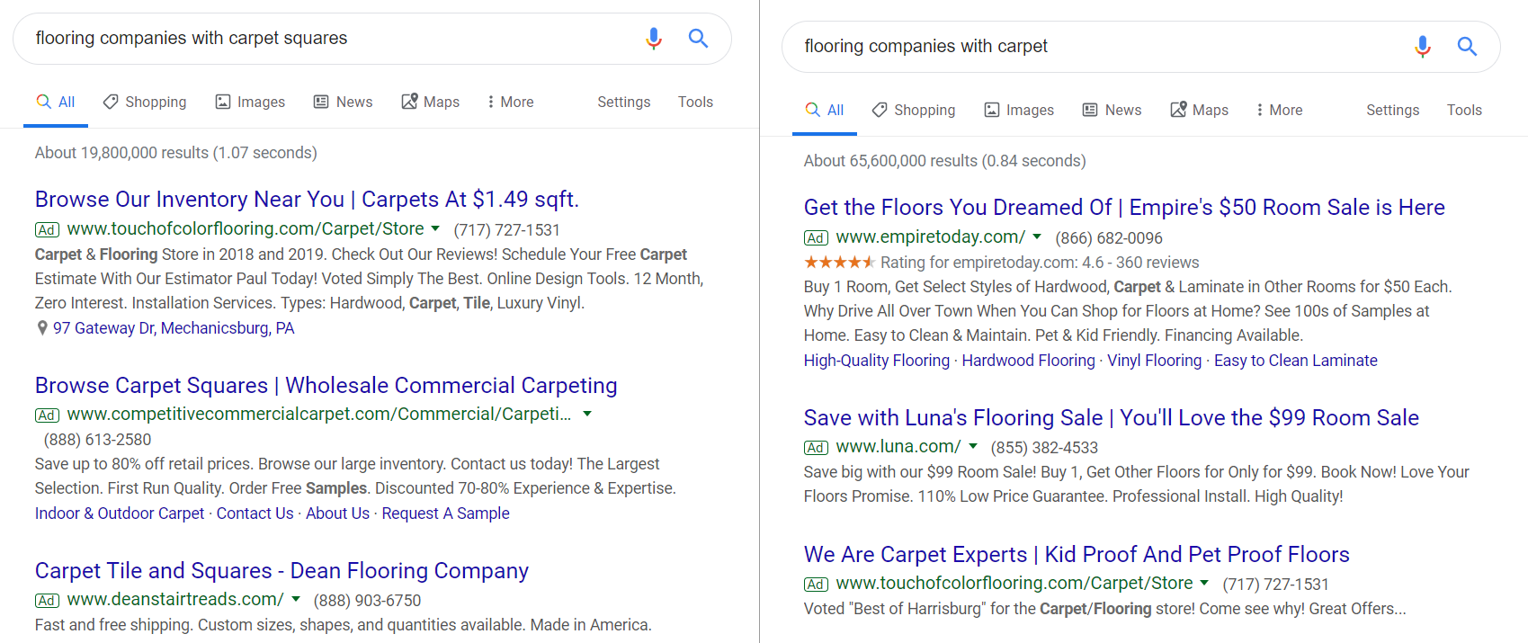 Negative keyword example with 2 different search queries shown