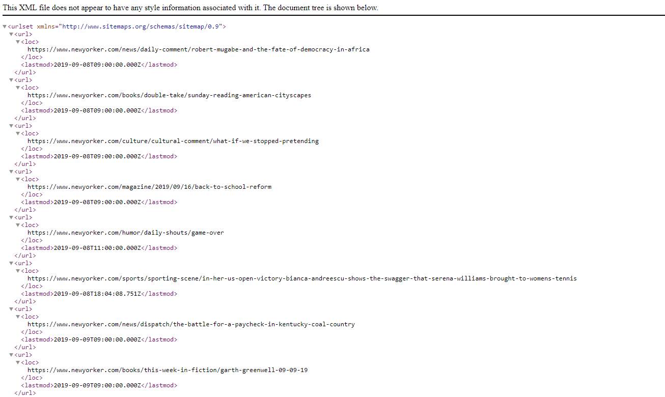 An XML sitemap from the New Yorker featuring links to all of the pages that should be crawled