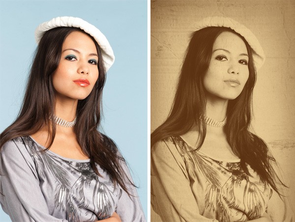 Side-by-side comparison of two photographs of the same woman, one in color with a light blue background and the other altered to sepia tone to appear vintage.