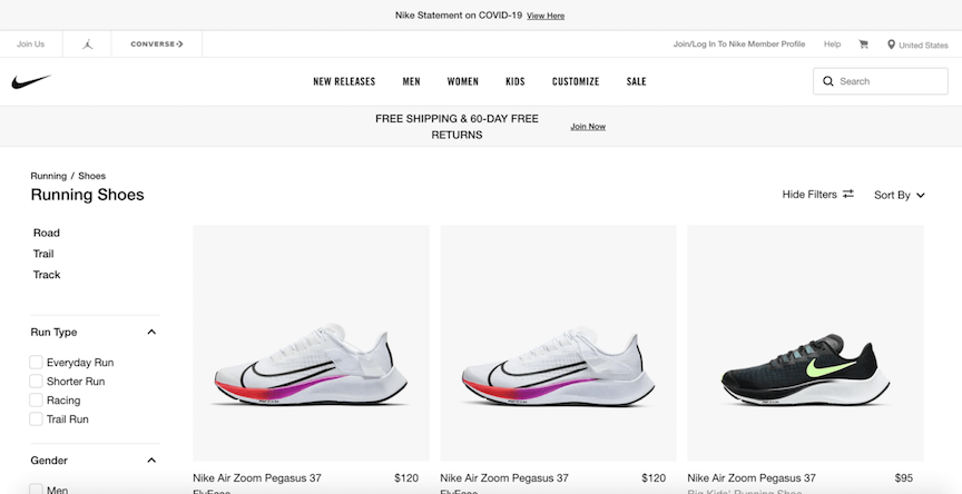 Nike running shoes landing page