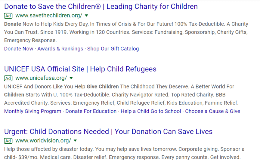 An example of paid search ads from nonprofits