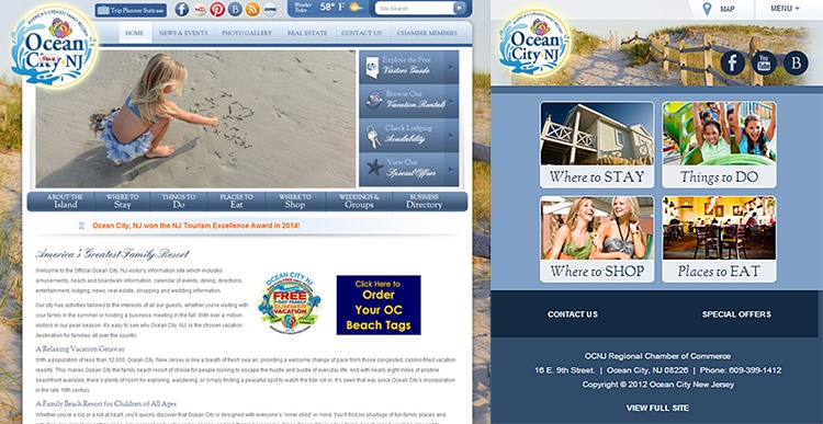 Screenshot of Ocean City, NJ tourism website featuring a header with logo and navigation, a main image of a young girl playing on the beach, and sections for accommodations, activities, shopping, dining, and contact information.