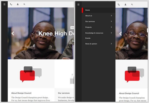 Off-canvas menu example: Design Council
