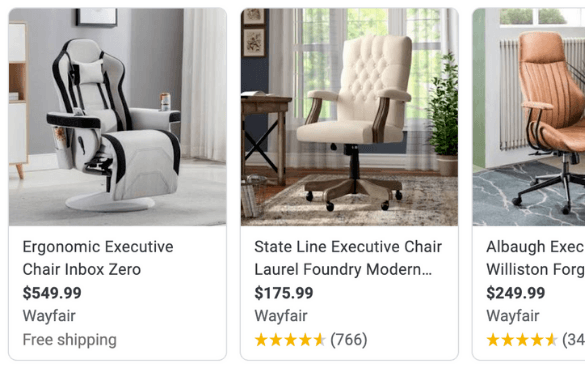 Three executive office chairs with varying designs and prices from Wayfair. From left to right: Ergonomic Executive Chair Inbox Zero at $549.99, State Line Executive Chair Laurel Foundry Modern at $175.99, and Albaugh Executive Chair Williston Forge at $249.99, each with customer star ratings.