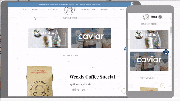 Side-by-side comparison of a responsive website displayed on a desktop and a mobile device, featuring navigation options, product images for online shopping and caviar, and a weekly coffee special promotion.