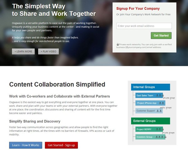 Screenshot of Oogwave's webpage promoting collaboration tools with a sign-up form, explanatory text, and diagrams of internal and external groups.