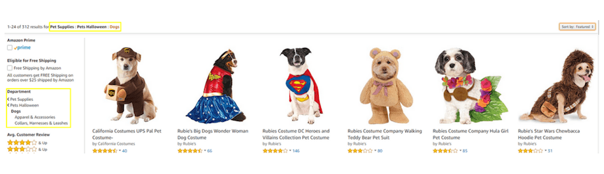 A screenshot of categories on Amazon for optimization