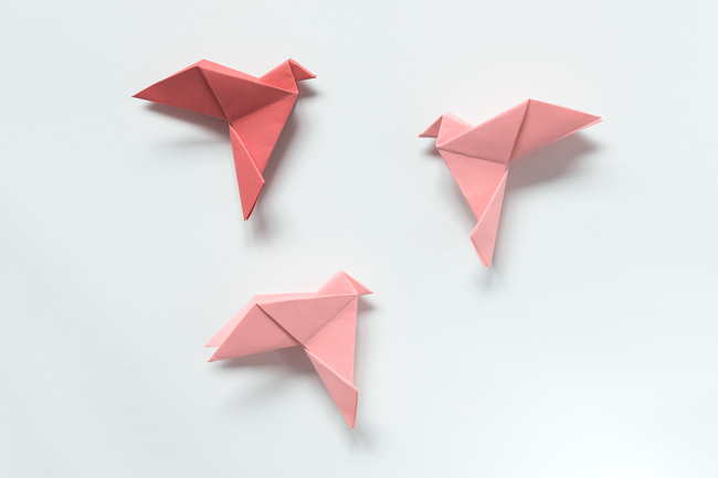 Three pink origami birds on a white background.