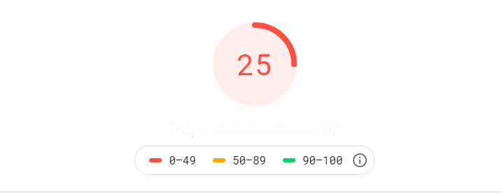 A circular progress bar at 25 with a red arc, accompanied by a color-coded scale indicating red for 0-49, yellow for 50-89, and green for 90-100.