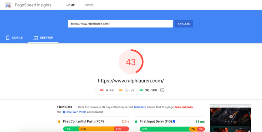 pagespeed insights ralph lauren score