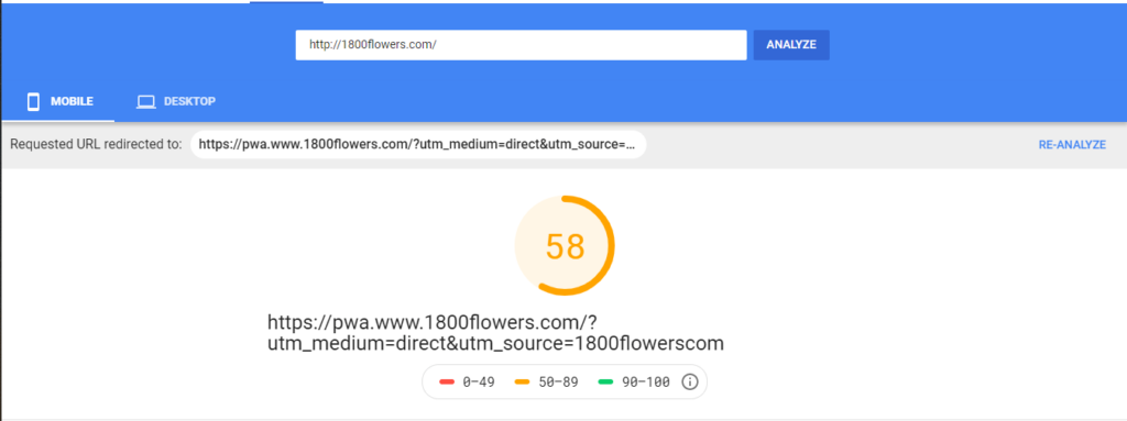 Screenshot of a webpage performance analysis showing a mobile URL redirect with a score of 58, color-coded in orange on a scale from red through green.