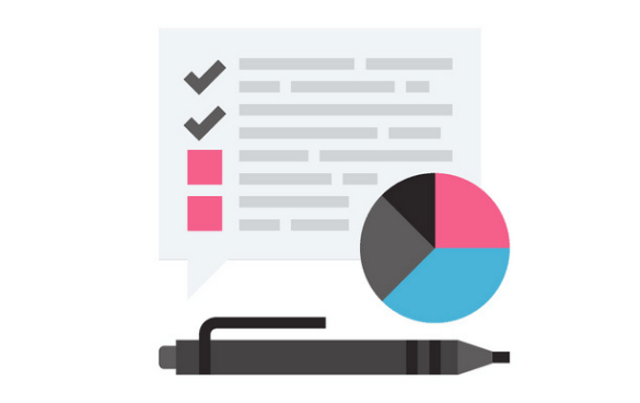 Graphic of a clipboard with a checklist, a pie chart with three colored sections, and a marker pen.