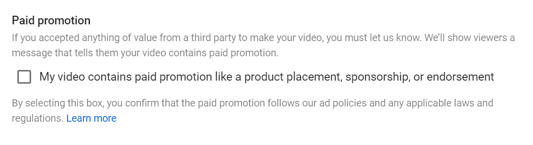 Paid promotion disclosure on YouTube