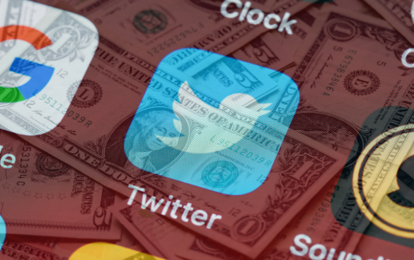 A collage of app icons and currency symbols with a prominent semi-transparent Twitter icon revealing a US dollar bill underneath, on a red visa stamp textured background.