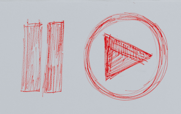 Two red sketches on a white background: on the left, a pause symbol with two vertical rectangles; on the right, a play button symbol with a right-facing triangle inside a circle.