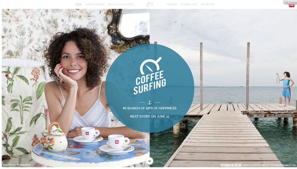 A split-screen image with a smiling woman sitting at a table with a coffee set on the left, and a wooden pier with a person standing at the end on the right, with a circular graphic announcing 'COFFEE SURFING' and the next story date.