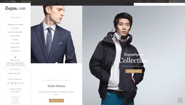 Example of photos of people in website design: Ermenegildo Zegna