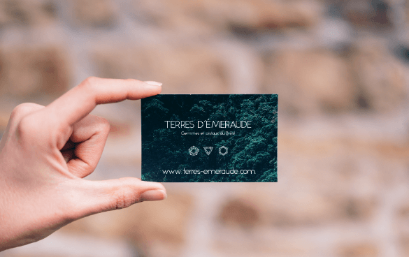 A person holding a business card for 'TERRES D'EMERAUDE' featuring the text 'Gemmes et minéraux d'ici' and the website 'www.terres-emeraude.com' with nature-inspired icons.