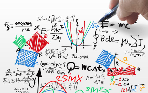 A hand holding a pen writing various mathematical and physics equations and symbols on a whiteboard, with some areas highlighted in red, blue, and green.