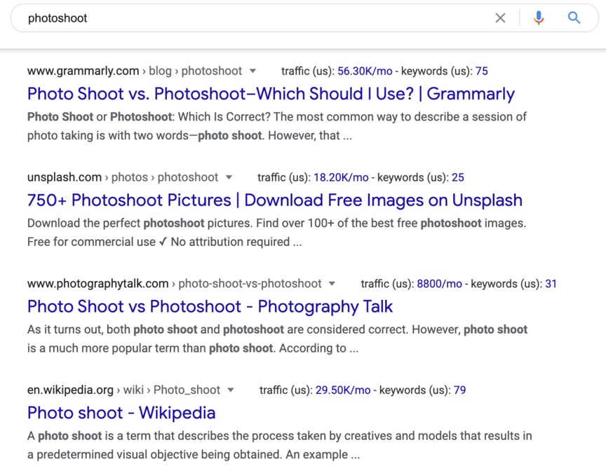 Google SERP for the keyword “photoshoot