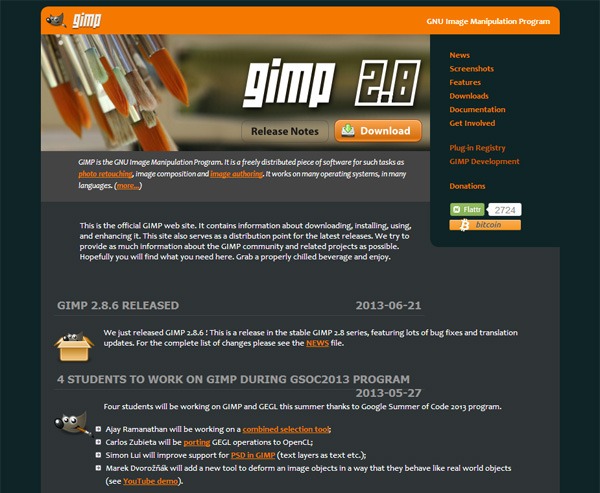 Screenshot of GIMP home page