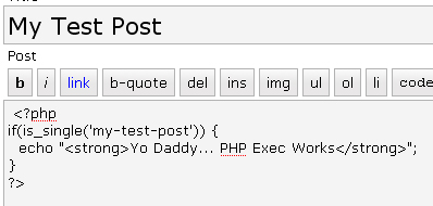 The PHP snipplet used to test PHP-Exec WordPress plugin