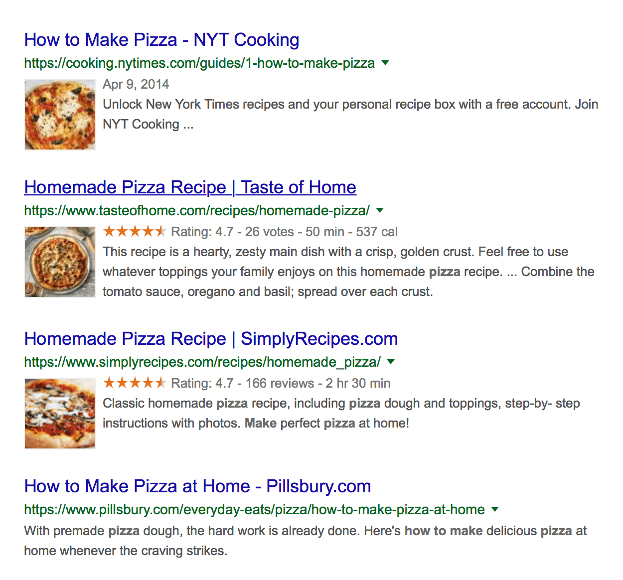 Example of pieces of content in search results