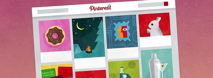 Illustrated representation of the Pinterest interface with colorful pins depicting a doughnut, a night scene, a monster, a rabbit, and abstract designs, with the Pinterest logo at the top.