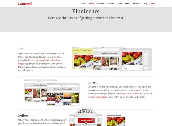 Screenshot of a Pinterest tutorial webpage with sections explaining how to Pin, create a Board, and Follow, including images of food recipes and a 'Follow Board' button.