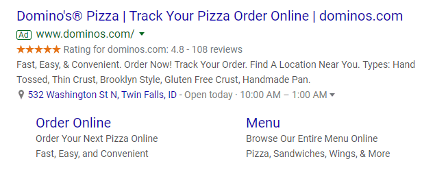 ppc ad for pizza in search