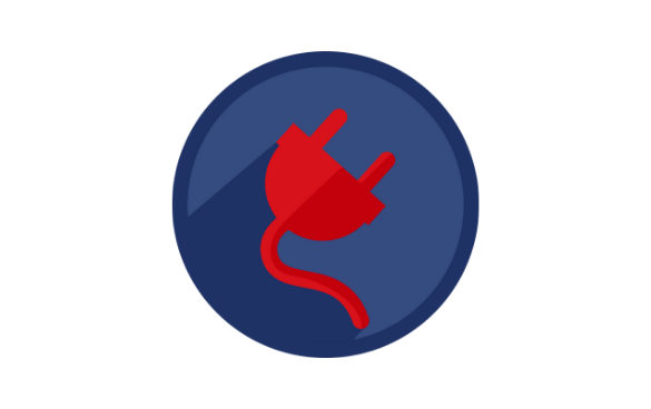 Stylized red electrical plug with two prongs against a dark blue circular background.