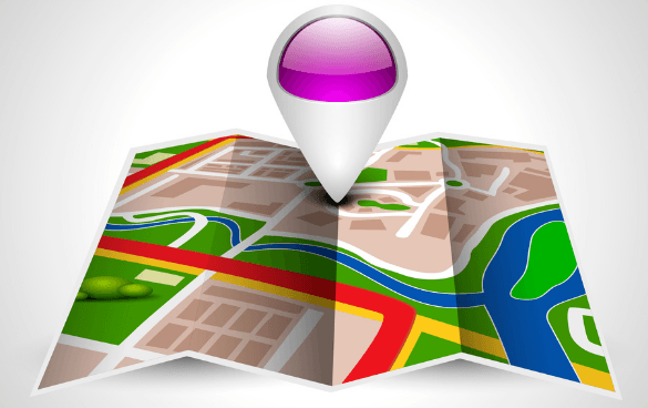 Illustration of a colorful folded map with a large 3D location pin on top.