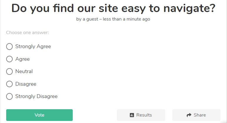 User feedback poll with the question 'Do you find our site easy to navigate?' and five response options from 'Strongly Agree' to 'Strongly Disagree', with a 'Vote' button, and options to view results and share the poll.